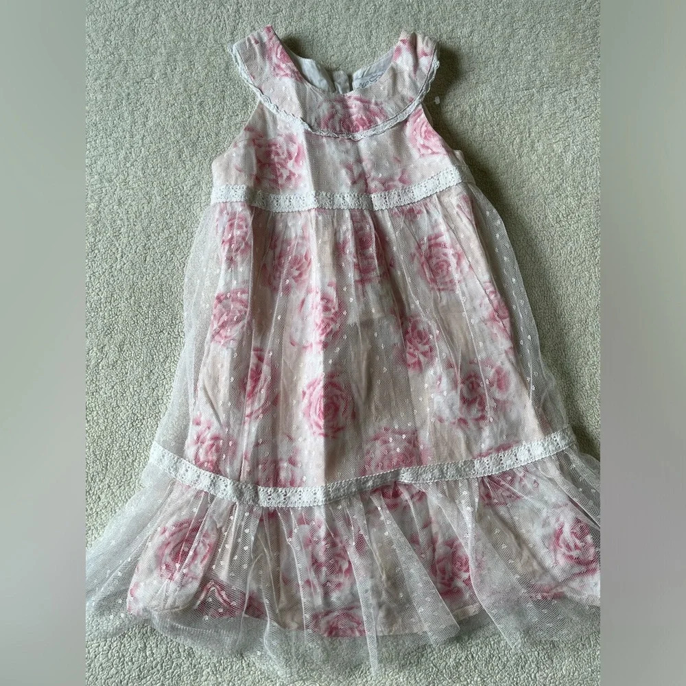 Heirlooms darling lace overlay roses dress, pink white. Size 5T